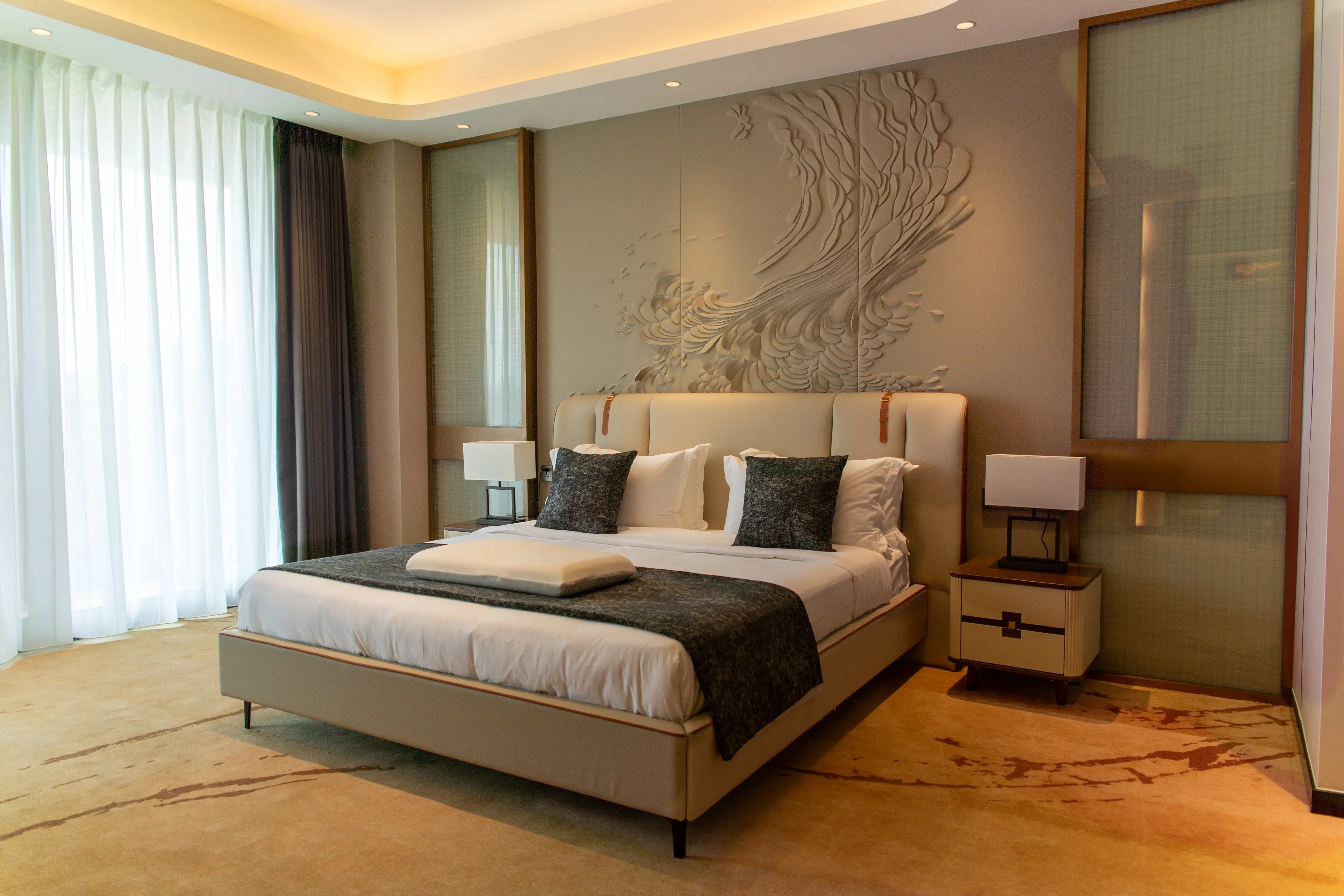 ESP suite interior with dark green walls and brass accents